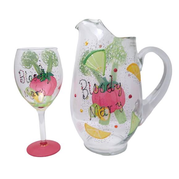 Smithereens Bloody Mary Hand Painted Pitcher and Wine Glass - Picture 1 of 4